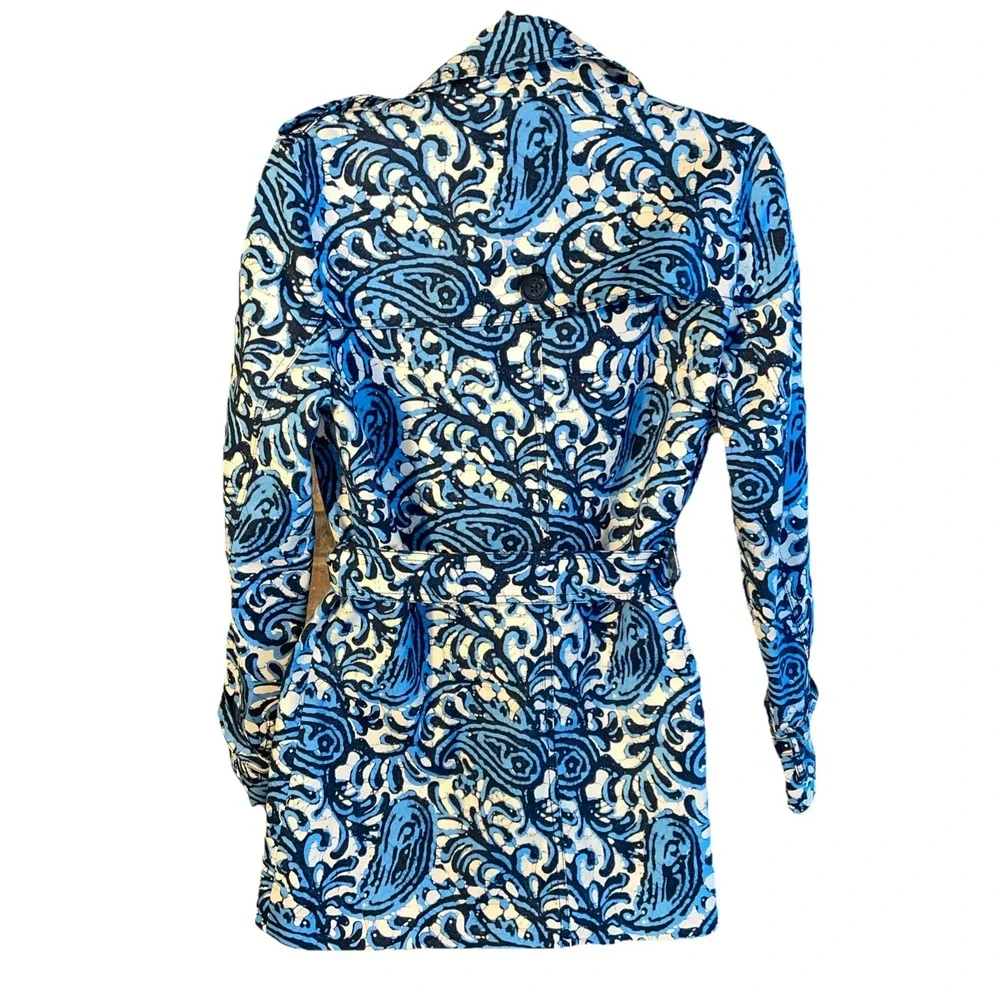 MICHAEL Kors Blue Paisley Belted Short‎ Trench Coat Epaulets MS52H971PJ Medium
